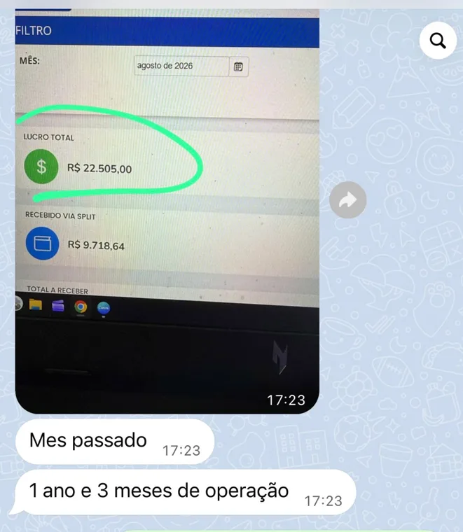 Mensagem de um lojista parceiro mostrando R$ 22.505 de lucro no mês, com 1 ano e 3 meses de operação
